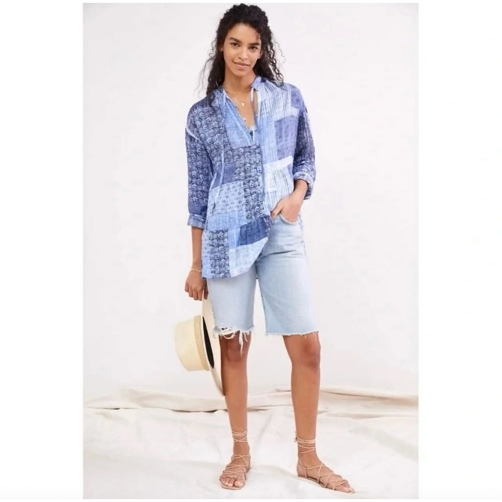Pilcro Blue Patchwork Cotton Gauze Tunic Top Boho Cottagecore Small